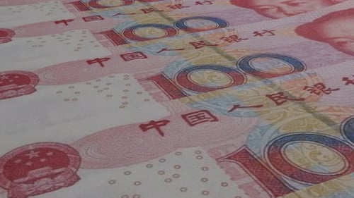 Chinese 100 Yuan Renminbi Banknotes Moving in Seamless Loop