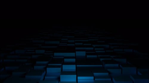 Flying above the road made of many 3D rows of cubes