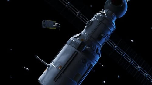 Weltraummüll, der im Weltraum in einer Umlaufbahn der Erde zwischen Satellitensystem und Satelliten fliegt