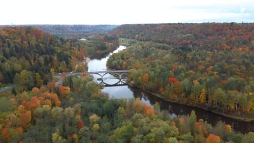 Aerial View of the Sigulda Bridge and Cable Car Over Gauja River During Golden Autumn