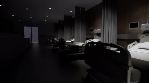 Interior con renderizado 3D. Cama vacía aislada en el hospital,