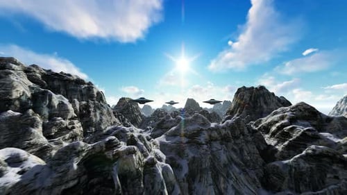 Futuristic UFO Fleet Flying Over Snowy Mountain Landscape