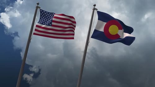 Realistic United States and Colorado State Flags Waving