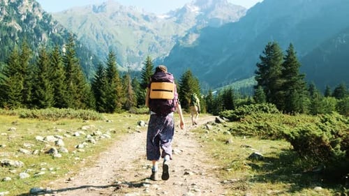 Tourists with Backpacks Walk Trekking in a Hike Against the Backdrop of a Beautiful Mountain