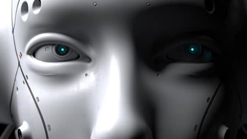 Der Roboter schaut dem Betrachter aus nächster Nähe zu.