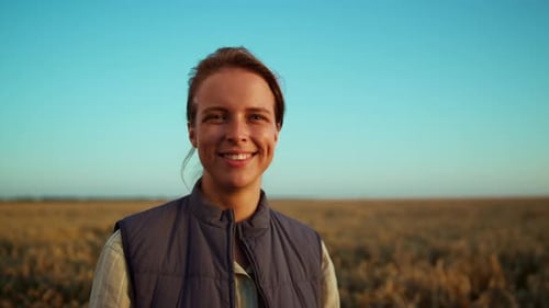 Portrait Happy Farmer Posing Endless Farmland Field