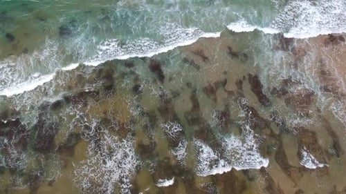 Agua turquesa tropical con rocas visibles bajo las olas, vista de arriba hacia abajo de Zumbido.