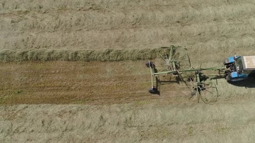 Trator com Rake Tedders no campo da fazenda