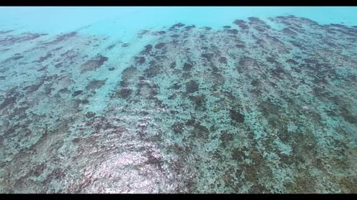 Aerial top down scenery of tranquil lagoon beach voyage by aqua blue water and white sandy backgroun