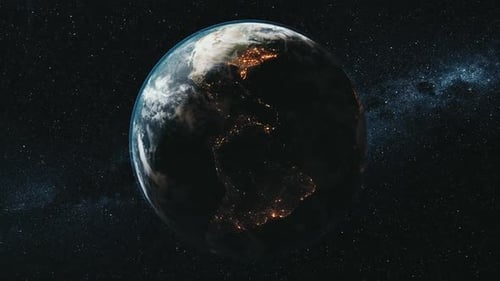 Computer Graph Rotating Planet Earth Lit By Bright Sun