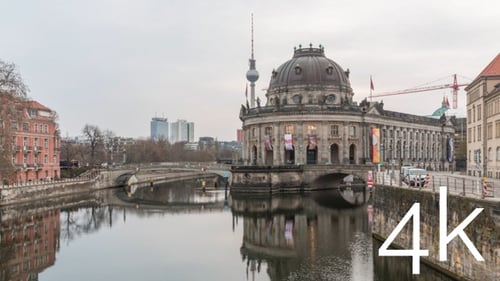 Sunrise hyperlapse in central Berlin with Bode museum and TV tower in 4k