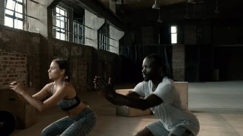 Sport people doing squat exercise workout at gym indoor, Fitness