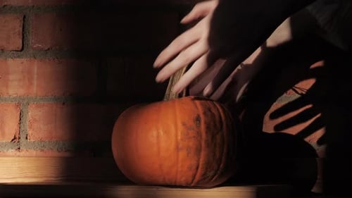 Woman Picking up a Fresh Pumpkin from a Table