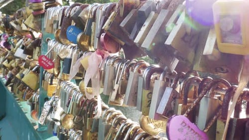Slow Pan of Love Locks on a Bridge