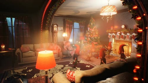Christmas Elves Dancing in a Festive Living Room