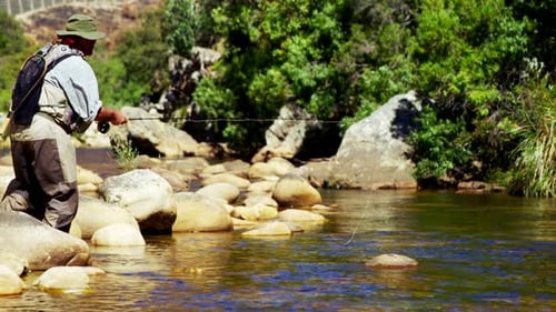 Man fly fishing in river