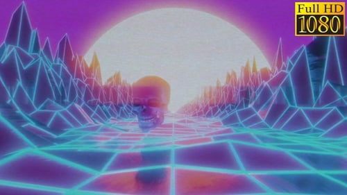 Retro Synthwave Wireframe Landscape with Skull