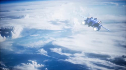 Futuristic Spaceship Soaring Above Earth's Clouds