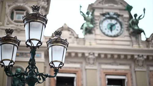 Casino of Monte Carlo building with big metallic lanterns in Monaco, close up view