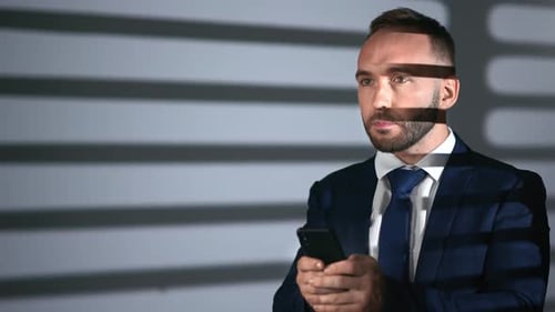 Confident Business Man in Tie Suit Chatting Typing Message Smartphone Night Office Jalousie Shadow