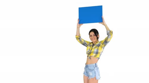 Girl with an Empty Board Announcing New Round on White Background.
