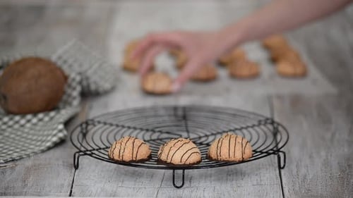 Galletas de coco recién horneadas en la rejilla para enfriar la cocina