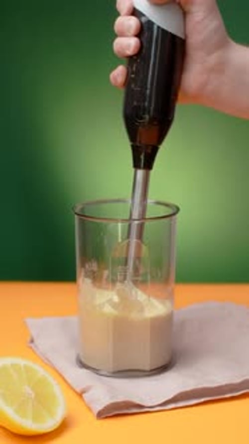 Immersion Blender Mixes Food Ingredients in Glass