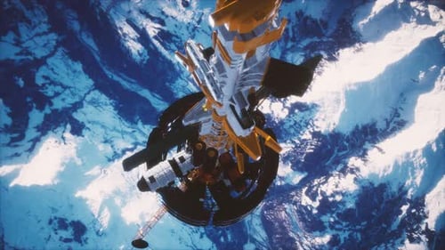 Futuristic Space Station Orbiting Planet Earth Animation