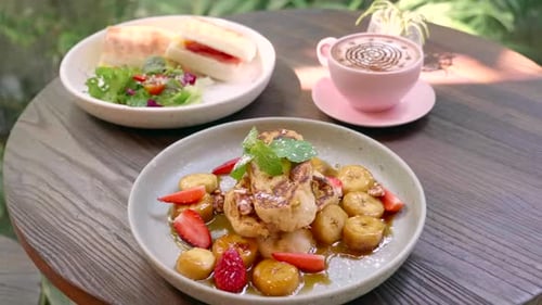 Lunch in Cozy Tropical Cafe Toasted Bread with Fruits Sandwich and Coffee