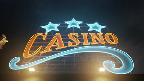 Retro Casino neon light on the roof of building at night. Las Vegas, gambling