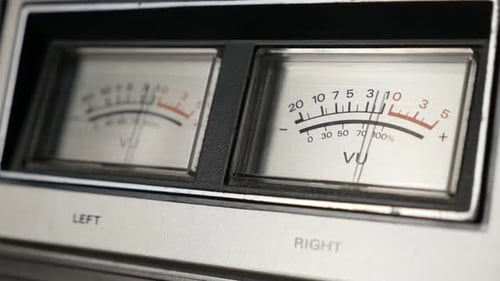 Slow motion of audio device analog VU meter 1080p FullHD footage - Retro standard volume level sc