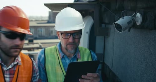 Ingenieur und Techniker diskutieren über Überwachungskameras