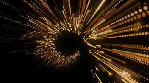Animation von leuchtenden Flecken mit Lichtspuren und Sternen, die sich in hypnotischer Bewegung auf schwarzem Hintergrund bewegen