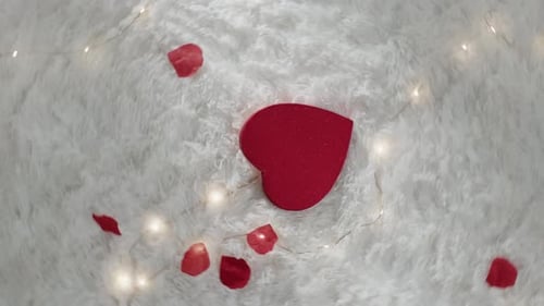 Red Heart and Rose Petals on White Fur
