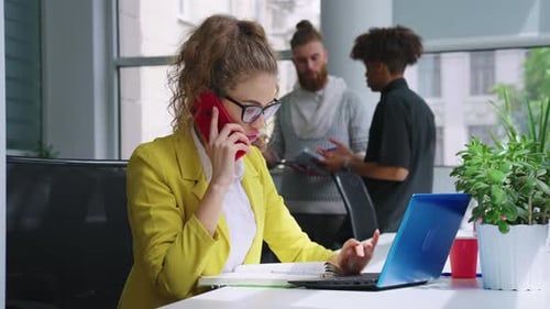 Businesswoman Talking on Phone While Using Laptop