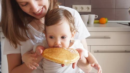 Little Girl Her Parents Enjoying Eating Yummy Pancakes