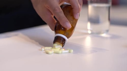 Pills Being Poured From Amber Prescription Bottle