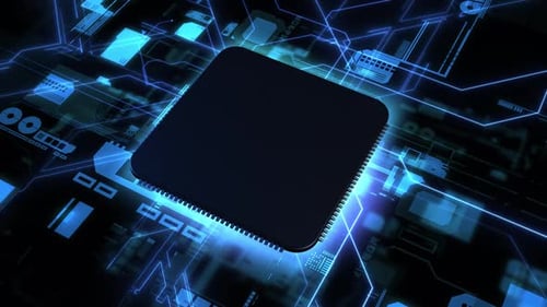 Futuristic Digital CPU Microchip with Glowing Circuit Board Data Flow