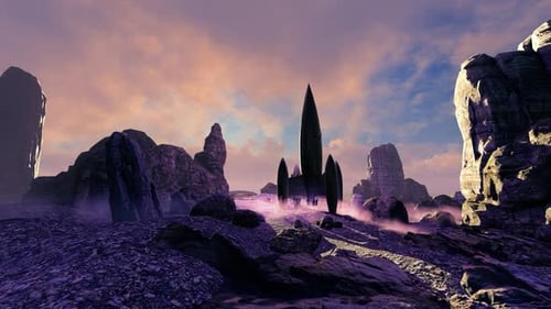 Futuristic Rocket on Alien Planet Landscape Scenery