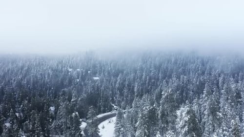 Winter Wonderland Mountain Landscape with Cinematic Winter Forest Road Aerial