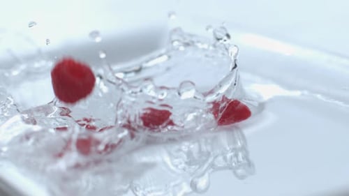 Raspberries splashing in slow motion; shot on Phantom Flex 4K at 1000 fps