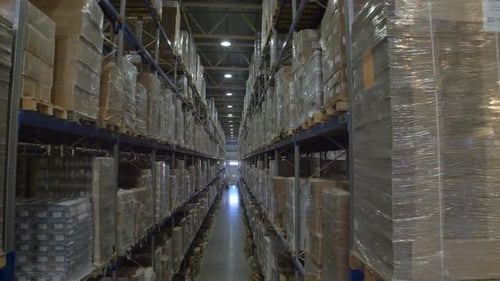 Huge Warehouse and Forklifts, Racks with Goods.