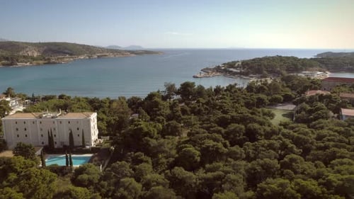 Aerial view of relaxing residential area located at seaside in Greece.