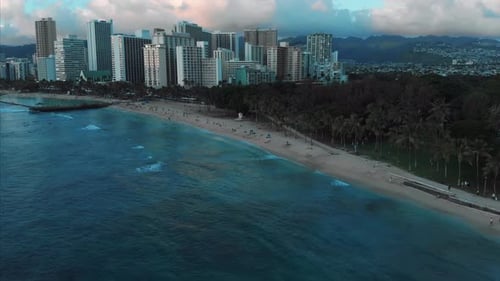 Aerial drone footage of Honolulu, Hawaii.
Beautiful real estate, buildings in the city.
Palm trees