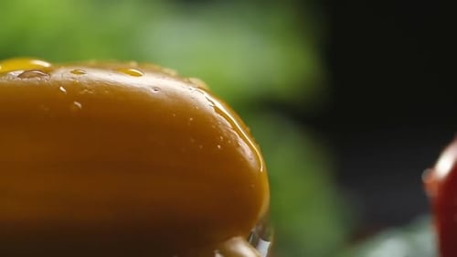Wet Yellow Pepper With Water Droplets Close Up