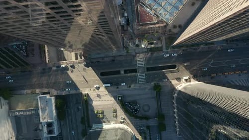 AERIAL: Slow Uplifting Birds Eye View Flight Over Downtown Los Angeles California Grand Avenue in