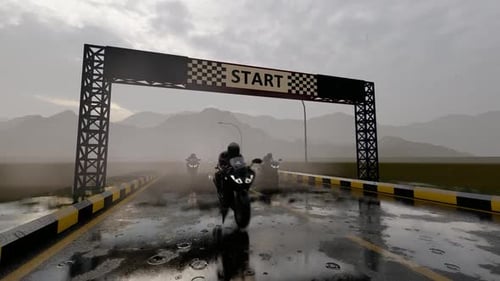 Animated Motorcycle Race Start on Wet Road with Mountains
