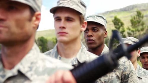 Serious Military Men in Uniform Standing in Formation