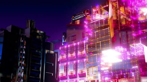 Neon Futuristic City with Glowing Digital Data Flow