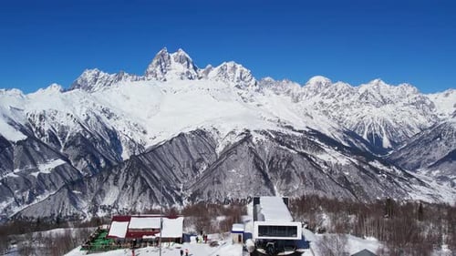 Winter drone flight over Mestia. Gerorgia.
Next to Hatsvali Ski resort, Uschba Peak and Tetnuldi Pe